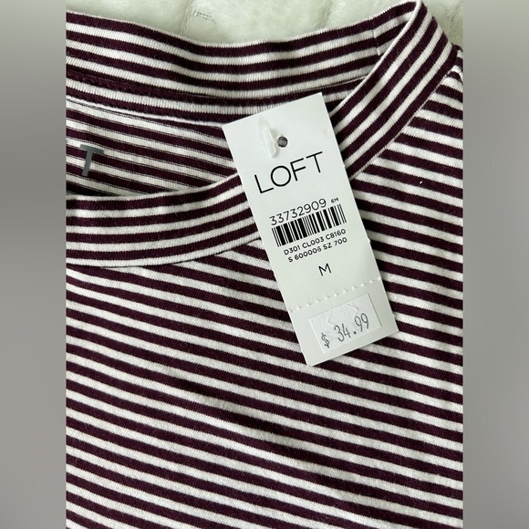 NWT Loft | Long Sleeve Striped Tee | Burgundy and White | Size Medium - Picture 3 of 10